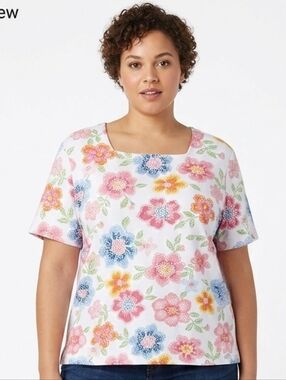 NWT Alfred Dunner Floral Dot Print Square Neck Top